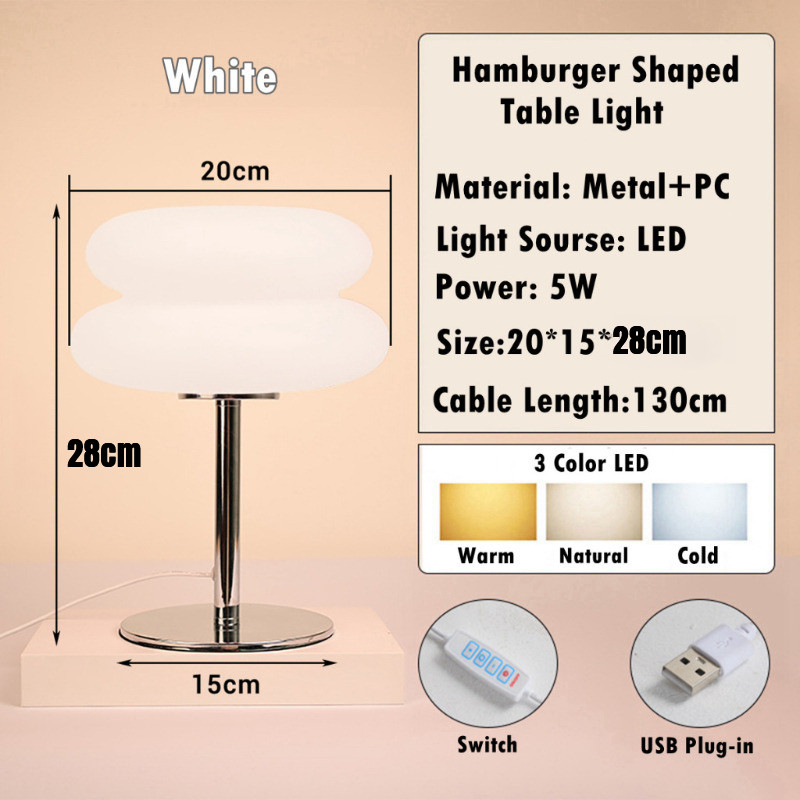 3-Color LED Vintage Desk Lamp Bauhaus Lamp USB Plug Dimming Hamburger Shape Bedside Lamp Home Decor