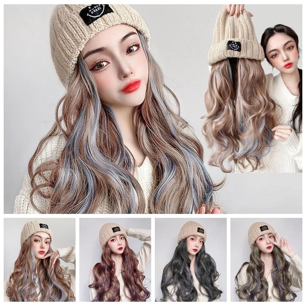 Mũ mùa đông mũ len đệt kim ấm áp cho nữ UREAN Mùa đông Tóc Giả mũ dệt kim Màu xanh dương nổi bật Phong cách Hàn Quốc Tóc Giả mũ ấm Phụ kiện tóc Nối tóc Tóc Giả mũ dài lượn sóng Bé gái