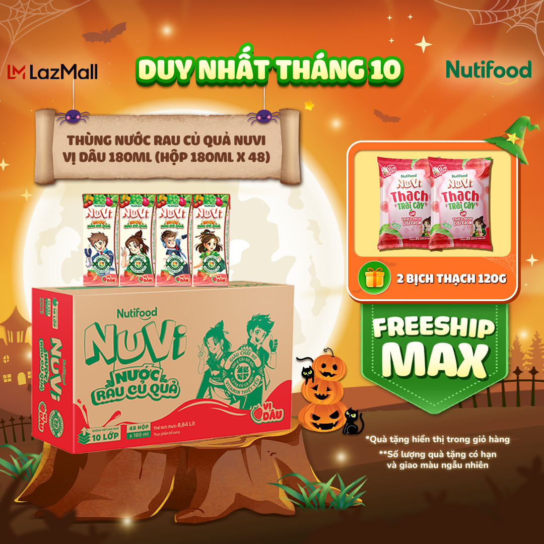 [Voucher D10LAZSOCIAL60K 15%] Thùng Nước Rau Củ Quả NuVi Vị Dâu 180ml (Hộp 180ml x 48) - Giàu Chất Xơ, Vitamin - Tiêu Hóa Khỏe