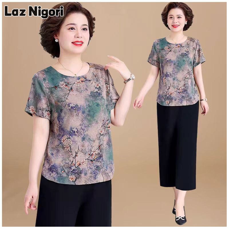  LAZ nigori Quần áo bà mới cho phụ nữ trung niên và cao tuổi Bộ đồ Chiffon Ngắn Tay Lụa băng sành điệu quần áo mùa hè mẹ 50-60 tuổi 