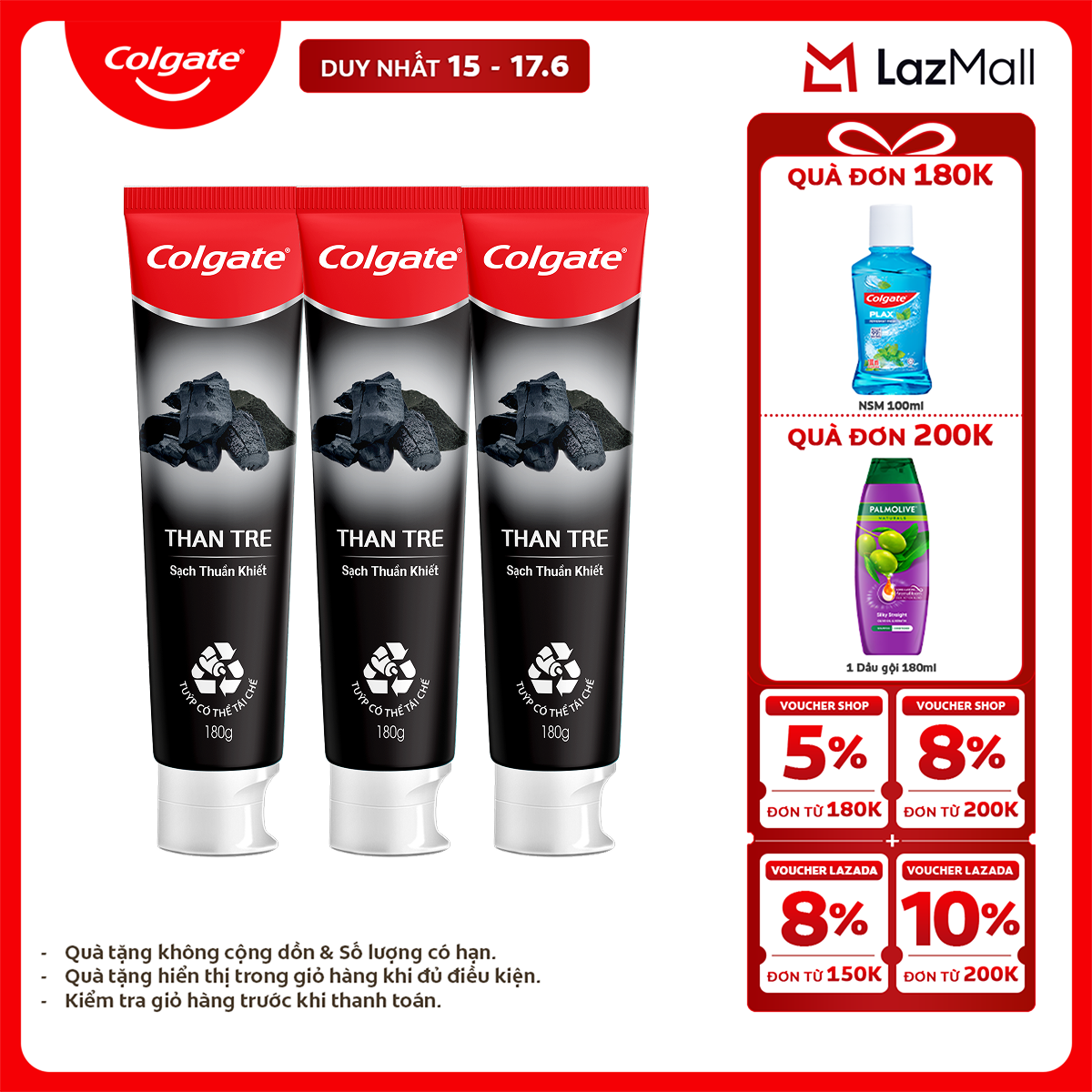 Bộ 3 Kem đánh răng Colgate thiên nhiên khử mùi diệt khuẩn từ Than tre Hàn Quốc  bạc hà 180g/ tuýp