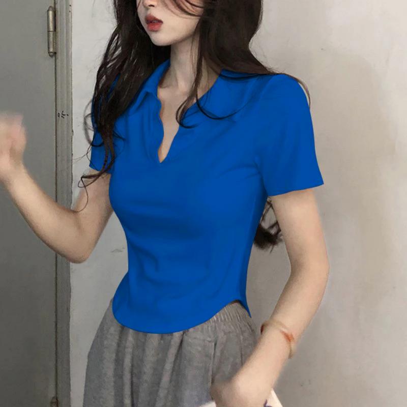 CODXẢ KHO Áo 50-105Kg POLO vạt bầu  thun gân lụa Top Nữ Women  nữ lovito ♥❤blue❥❣♂ năng động  hàn quốc