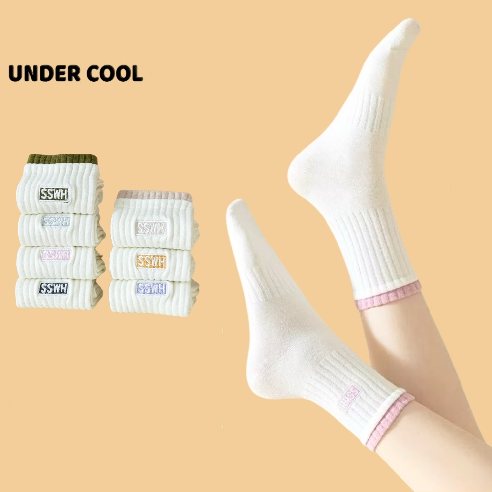 Set 5 Đôi Tất Vớ cho Nữ Cotton Cao Cổ UNDERCOOL Phối Viền Màu Họa Tiết In Chữ TC66