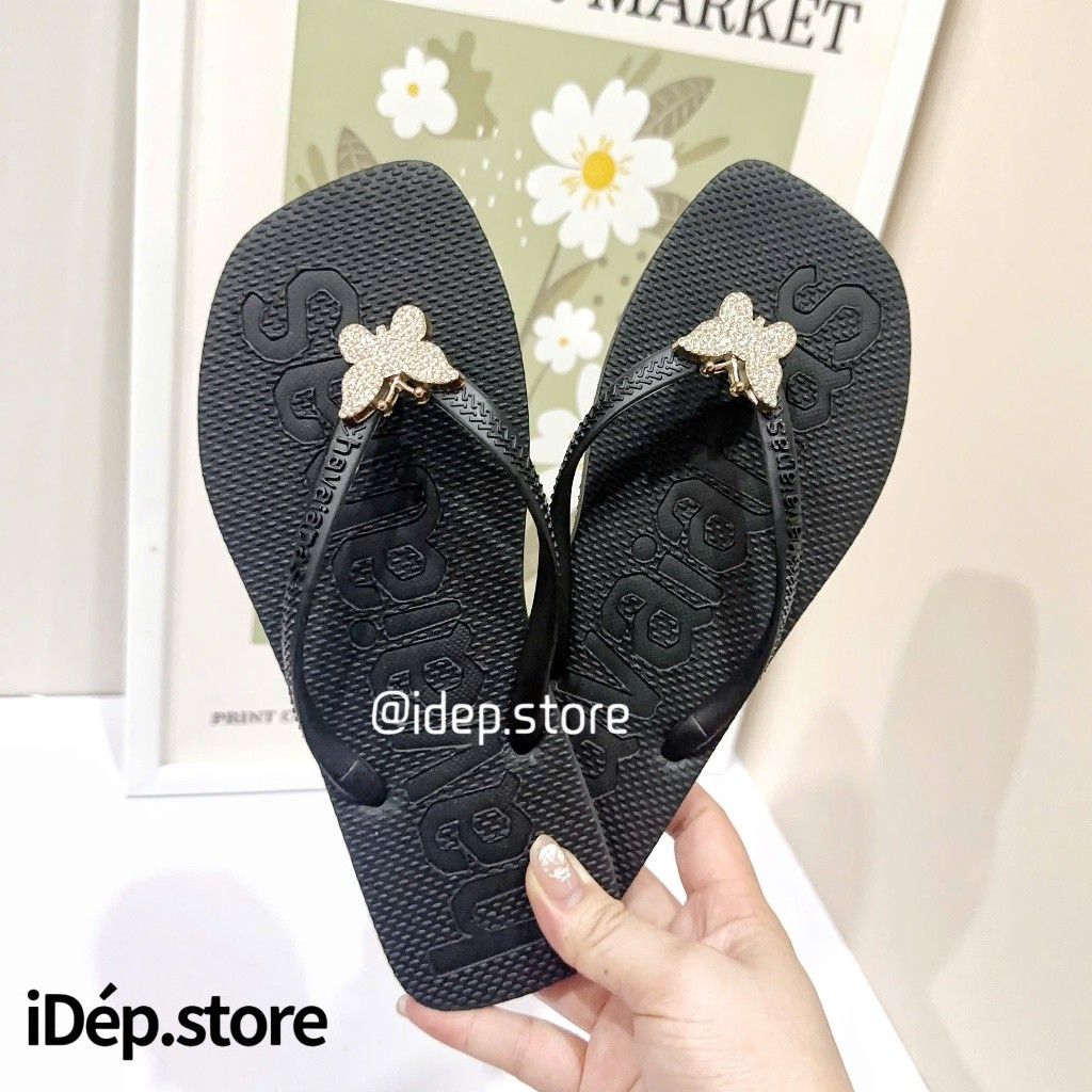  Dép kẹp tông nữ iDÉP xỏ ngón mũi vuông đế bệt đính Charm Nơ Bướm siêu nhẹ Dép tông đi biển DL117 