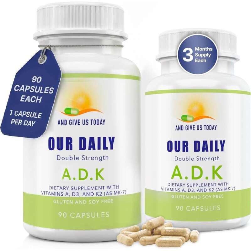 Thực phẩm bổ sung Daily Vites ADK của chúng tôi A, D3 K2 dưới dạng MK7- Hỗ trợ xương và hệ miễn dịch Vitamin với thành phần biến đổi gen - Không gluten, không chứa đậu nành, viên nang thực vật 180 viên.