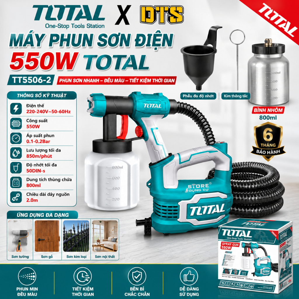 Máy phun sơn điện cầm tay TOTAL 550W - Phun sơn nhanh đều màu tiết kiệm sơn dùng cho nội thất cửa