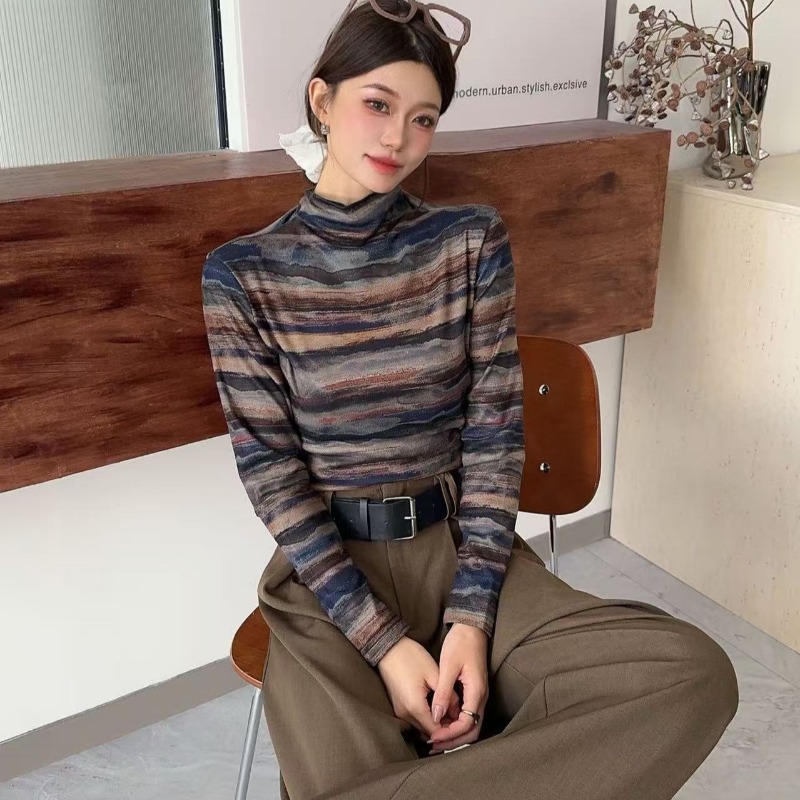 Women's long sleeved shirt autumn new high neck slimming warm and fashionable soft and loose casual temperament T-shirt