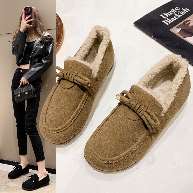Giày bệt nữ giản dị, Giày Vải cổ ngắn phiên bản Hàn Quốc, giày sợi bông sang trọng dày mùa đông, giày dáng thuyền thoải mái và ấm áp.