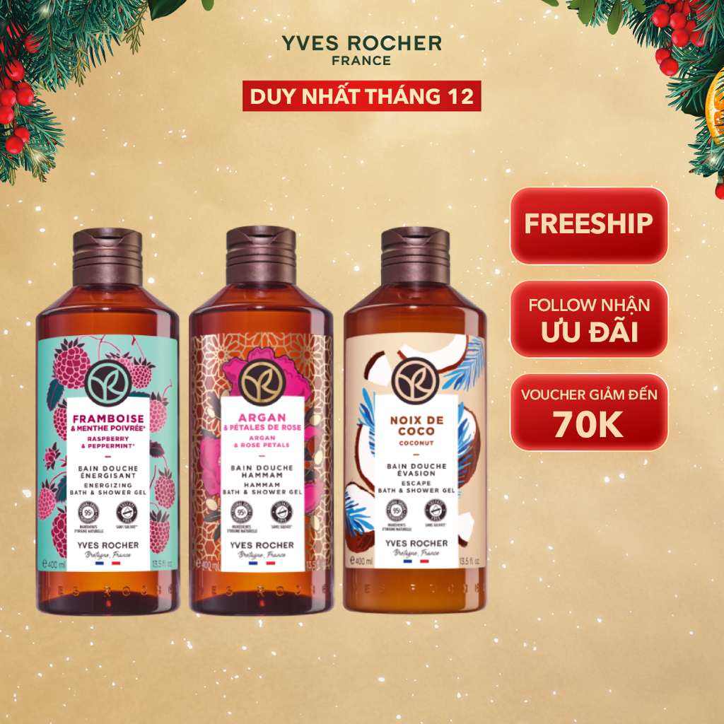 Combo 3 sữa tắm thiên nhiên hương mâm xôi đỏ - hoa hồng - dừa Yves Rocher 400mlx3