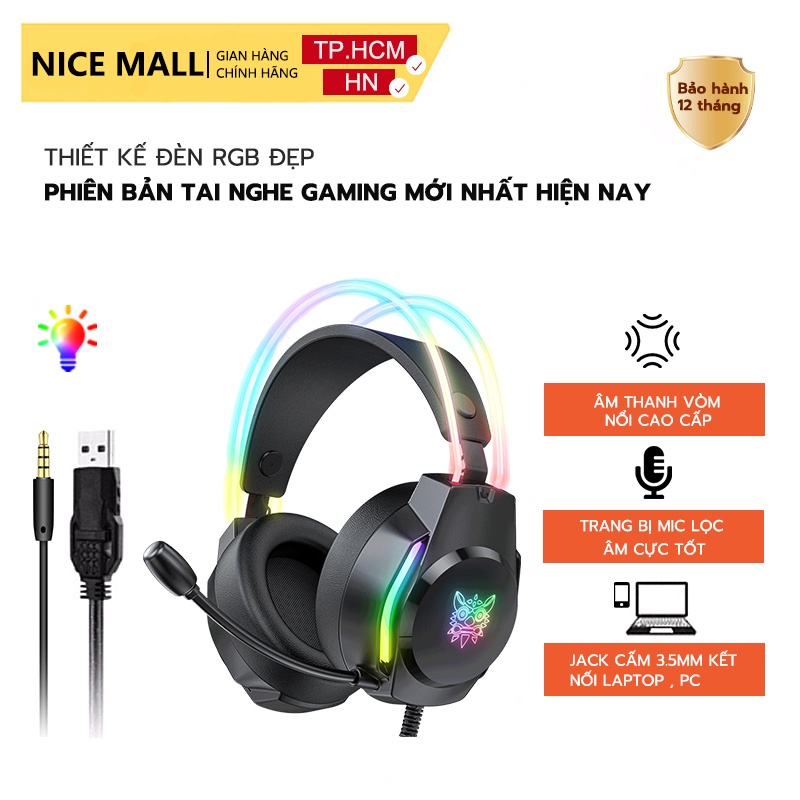 Tai nghe gaming onikuma x26 đen chụp tai, có micro chống ồn, rgb cho pc, laptop