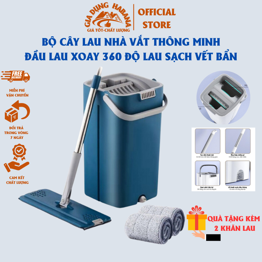 Bộ cây lau nhà tự vắt thông minh - xoay 360 độ - thùng lau 2 ngăn tự vắt