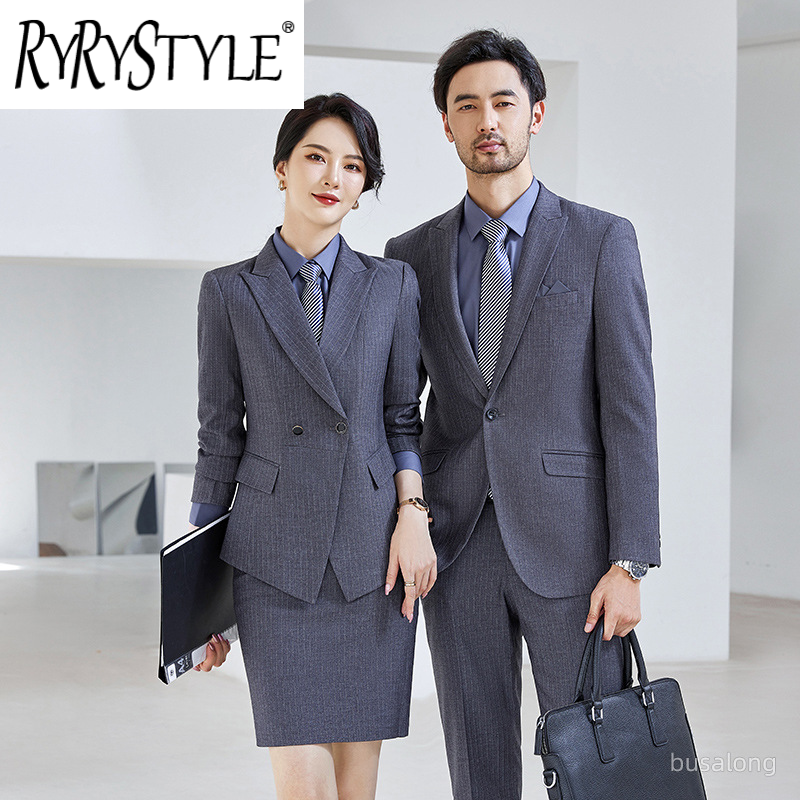 RYRYSTYLE New unisex long sleeved professional single button striped suit formal jumpsuit OL one button 8009 Blazer ราคา 2,728 บาท*ส่งฟรี