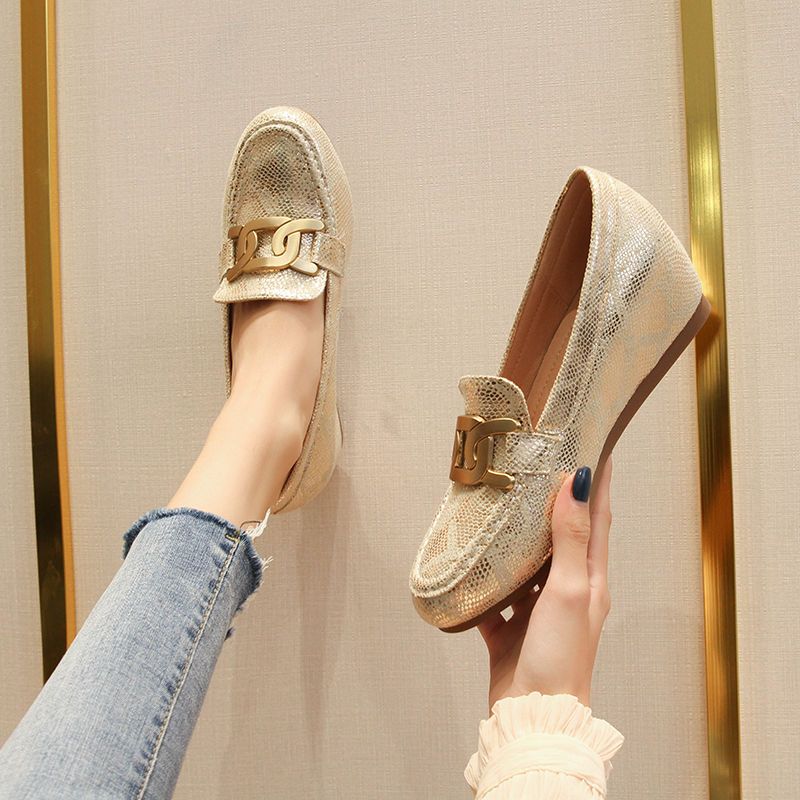 Phụ Nữ Của mùa xuân và mùa thu da thật Dày đế giày, linh hoạt Round-Toe Mid-Heel Giày đế thuyền cho phụ nữ