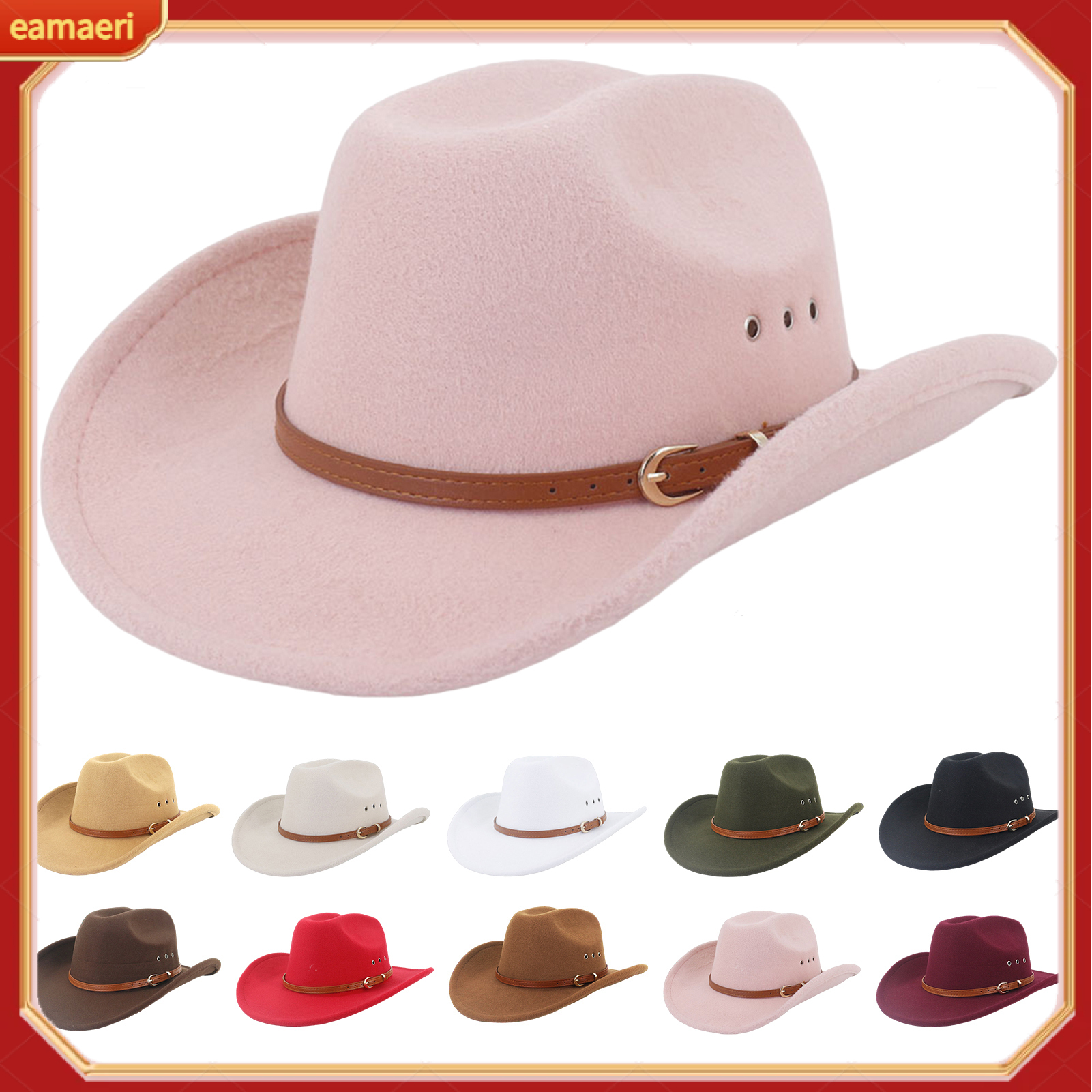 Ethnic Style Wide Brim Hemming Faux Leather Belt Decor Jazz Hat Western Cowboy Cowgirl Fedora Hat Fashion Accessories ราคา 383 บาท*ส่งฟรี