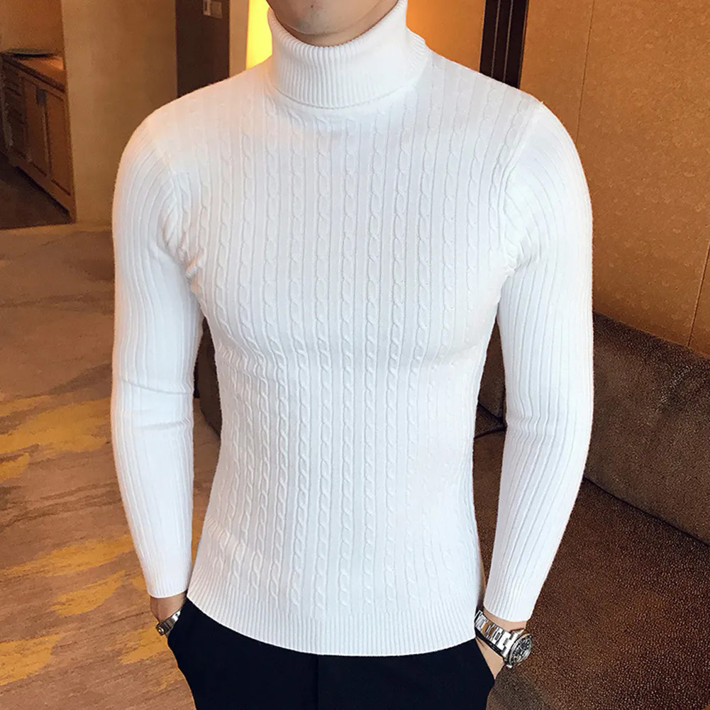 Casual Men Winter Solid Color Turtle Neck Long Sleeve Twist Knitted Slim Sweater Men's Knitted Sweaters Pullover Men999_voghion.com