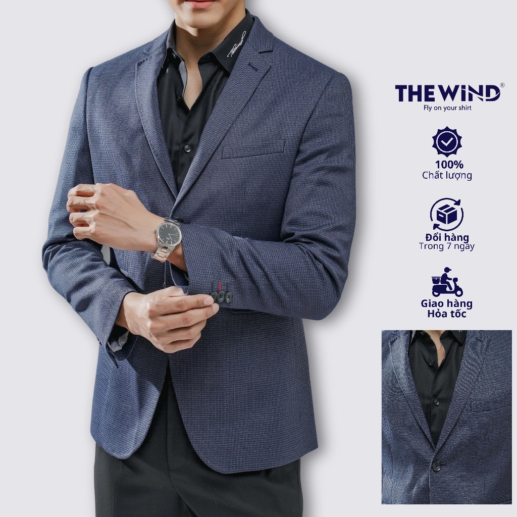 Áo blazer nam THE WIND caro xanh đen áo vest dáng ôm phóng khoáng thanh lịch form slimfit BS23002