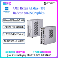 TOPC MINI PC AMD Ryzen AI Max+ 395 LPDDR5X 128GB 4*M.2 PCIe SSD WiFi 7 BT5.4 Quad 8K Display Gaming AI PC