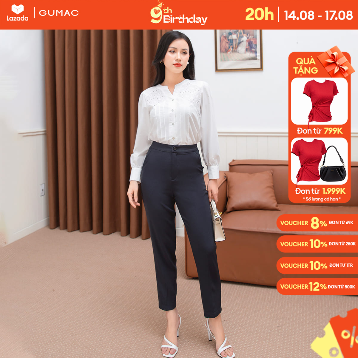 Quần tây công sở ống đứng gumac qd09036 lưng cài nút