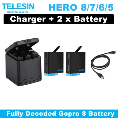TELESIN Hero 8 Charger Box Charging with 2 Fully decoded hero 8 Batteries Kit for GoPro HERO 8 7 6 5 BLACK
