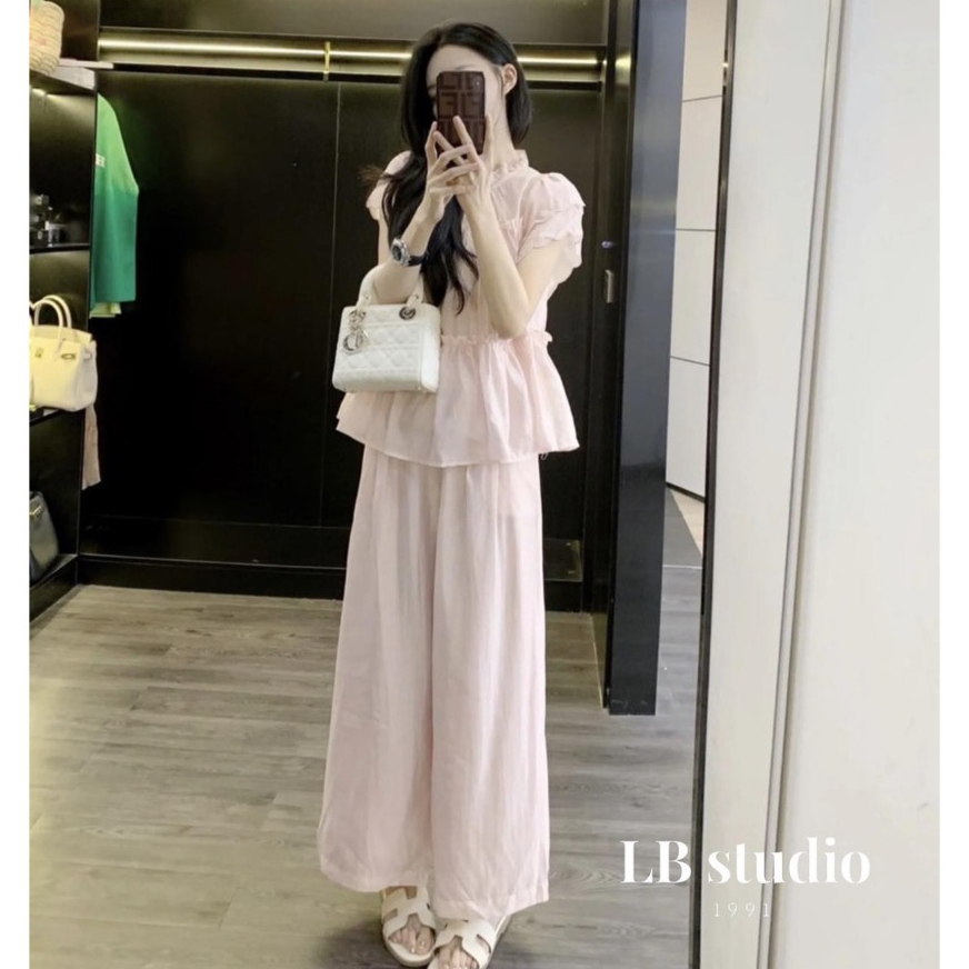 Set đồ tiểu thư sang chảnh áo kiểu cổ bèo tay cánh tiên thân bèo phối quần suông dài ống rộng thiết 