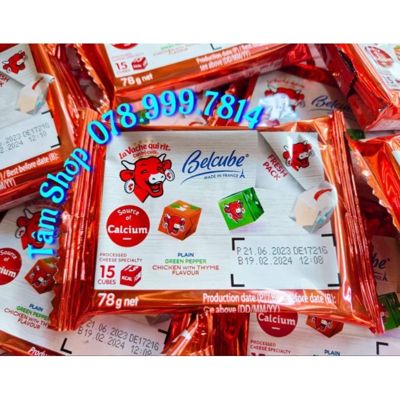 GÓI 15 VIÊN PHÔ MAI VUÔNG BELCUBE CON BÒ CƯỜI VỊ TRUYỀN THỐNG / TIÊU XANH / GÀ (GÓI 78g) - NHẬP KHẨU PHÁP