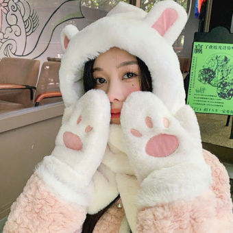 Mũ len trùm đầu tai thỏ, khăn quàng cổ có mũ và găng 3 trong 1