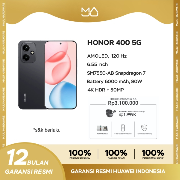 Honor 400 5G 12/512GB [200 MP (Kamera Utama), Snapdragon 7 Gen 3, MagicOS 9.0, 6000 mAh] - Garansi Resmi Harga 6,626,000 rupiah*Gratis Ongkir