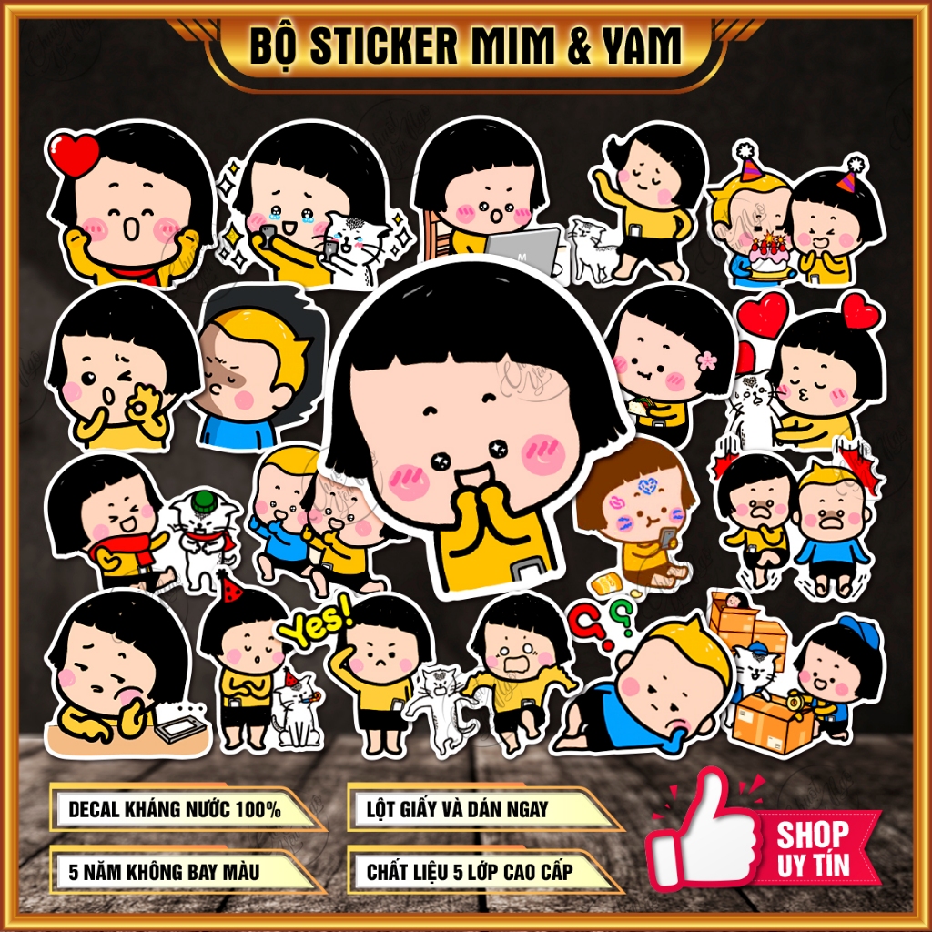 Combo 10/50/100 sticker không trùng MIM & YAM cô bế meme tóc ngố dễ thương chất liệu decal nhựa hính dán chống thấm nước