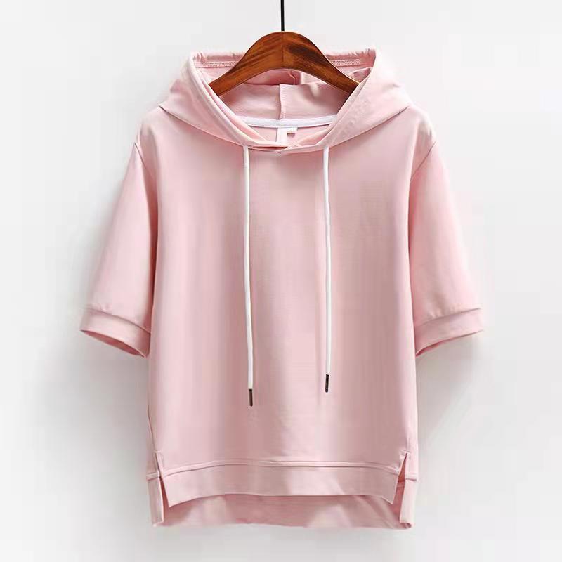 Áo nỉ tay ngắn vải cotton cho nữ áo khoác có mũ trùm đầu màu trơn rộng 2023 Áo thun có mũ xẻ mùa hè 