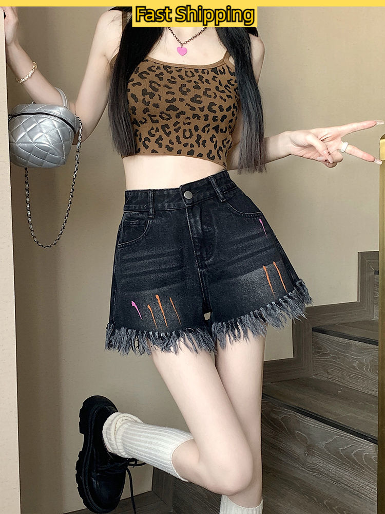 Tofashions Retro quần đùi denim nữ quần jean cạp cao thời trang phong cách Hàn Quốc màu xanh nhạt màu đen Mùa Hè Nữ mỏng quần co giãn mới 23110903