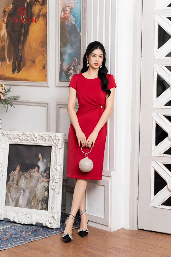 Đầm lụa đỏ, eo phối tà bong đính nơ sxtn 41146d83 toson