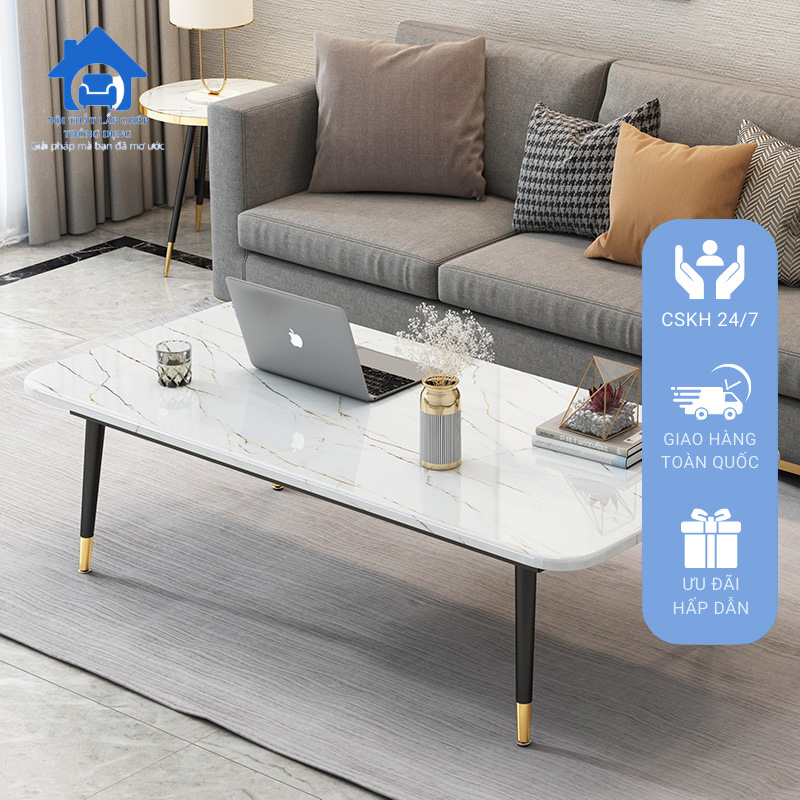 Bàn trà chữ nhật màu vân đá sáng/tối ngồi bệt hoặc ngồi cao với ghế sofa, bàn trà sofa phòng khách phong cách hiện đại