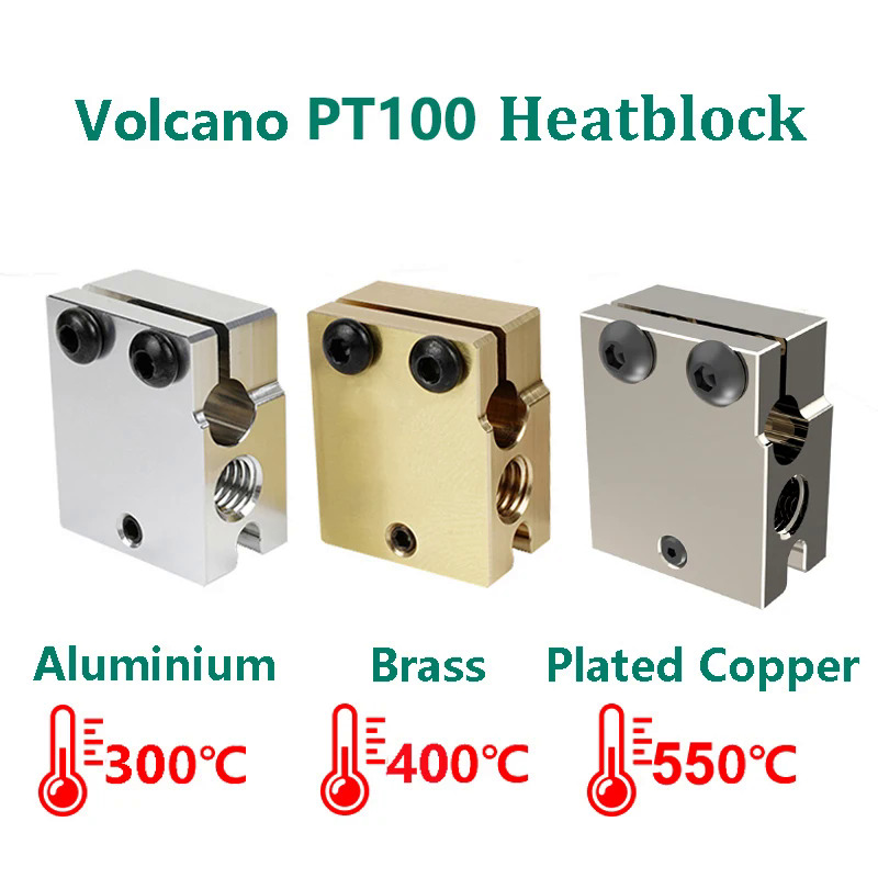 CNCFEP 2pcs Top Quality PT100 Volcano Heated Block Hotend Aluminum Brass Plated Copper Heating Block E3D Volcano 3D Printer Part