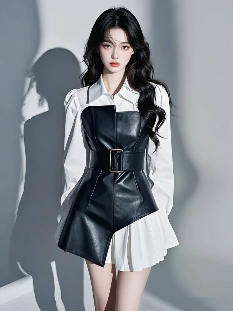 Phụ nữ váy da đen nối váy cá tính