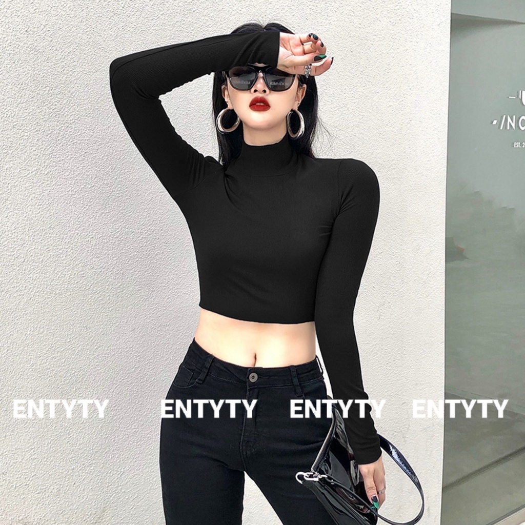 COD Áo cổ cao nữ CROPTOP thun gân - Áo len cổ lọ nữ dáng croptop ZHL