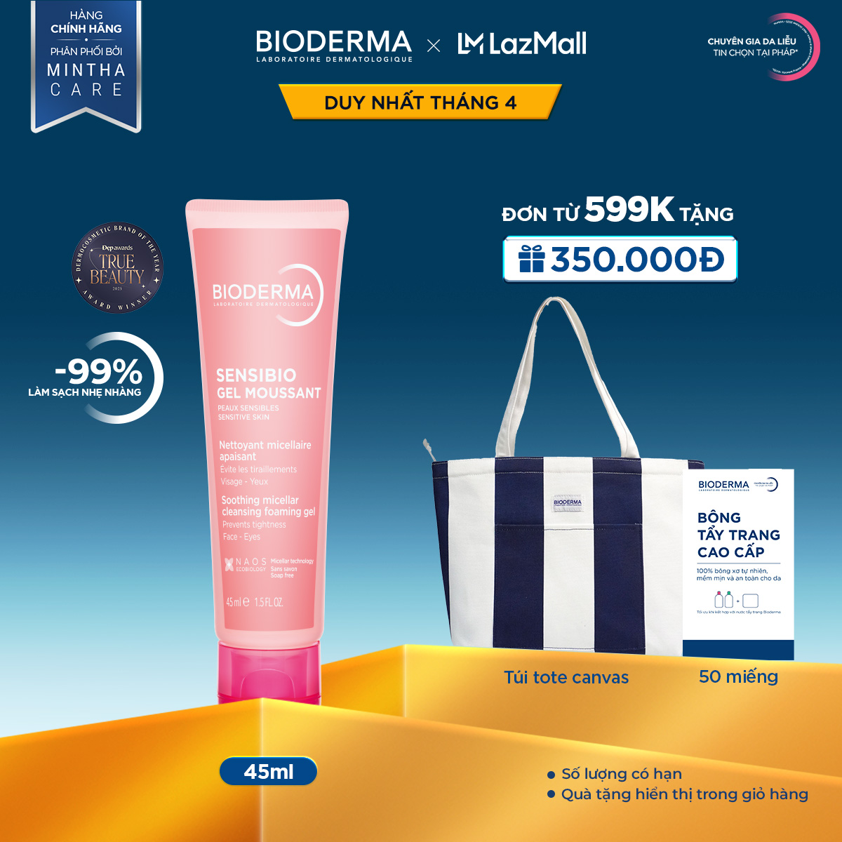 Gel rửa mặt tạo bọt cho da nhạy cảm Bioderma Sensibio Gel Moussant - 45ml
