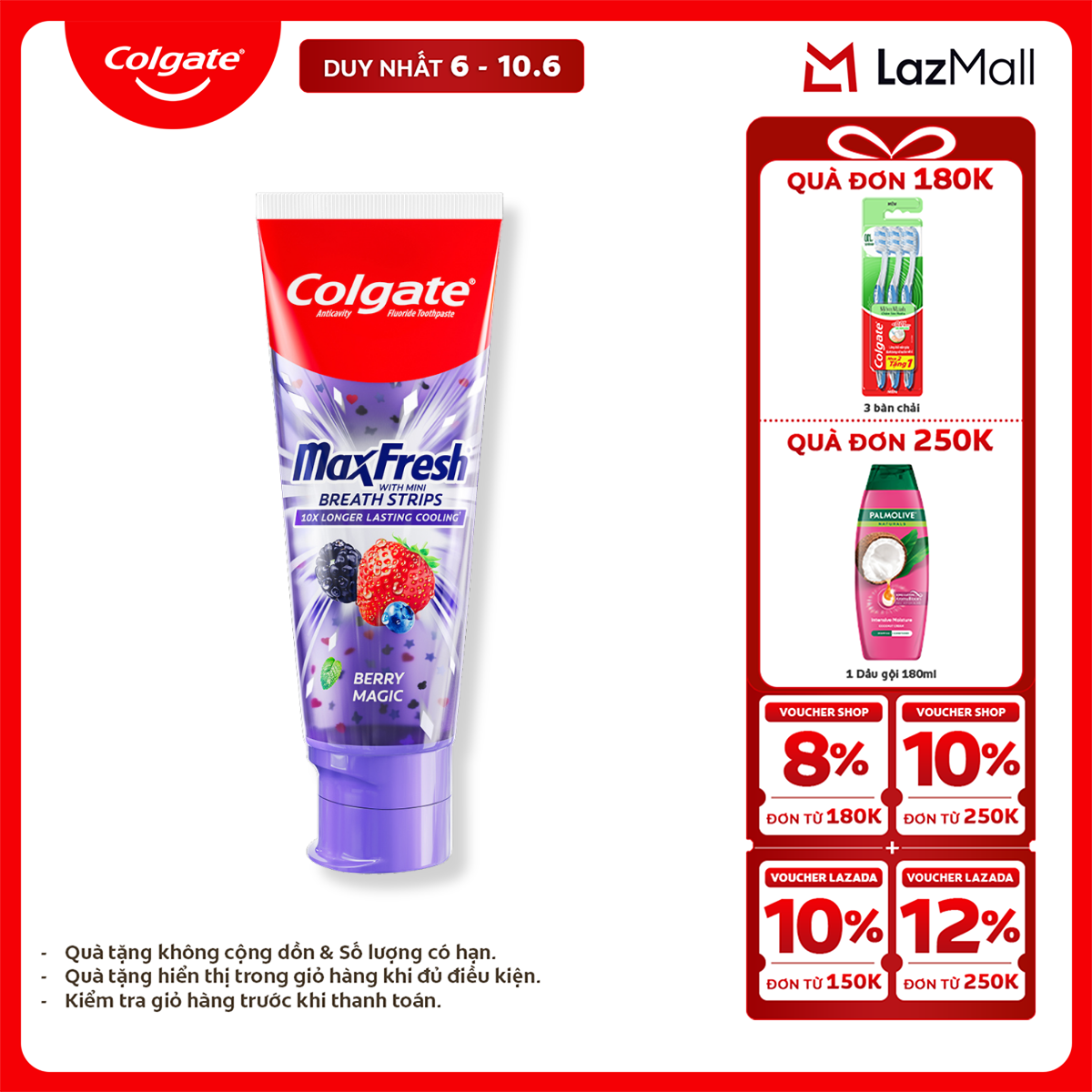 [Chỉ 6-10.6_X2 Voucher giảm 22%] [MỚI] Kem đánh răng Colgate MaxFresh hương nhiệt đới, tinh thể cầu vồng the mát 100g/tuýp