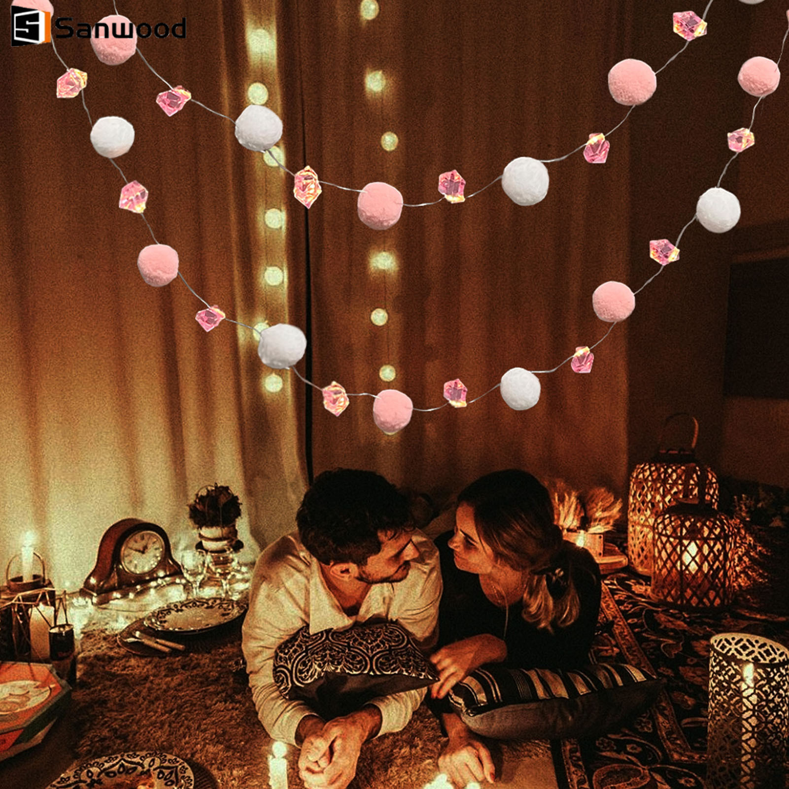 Product photo of Sanwood Pom-Pom Fairy Lights, Battery (pink and white) from its Lazada listing