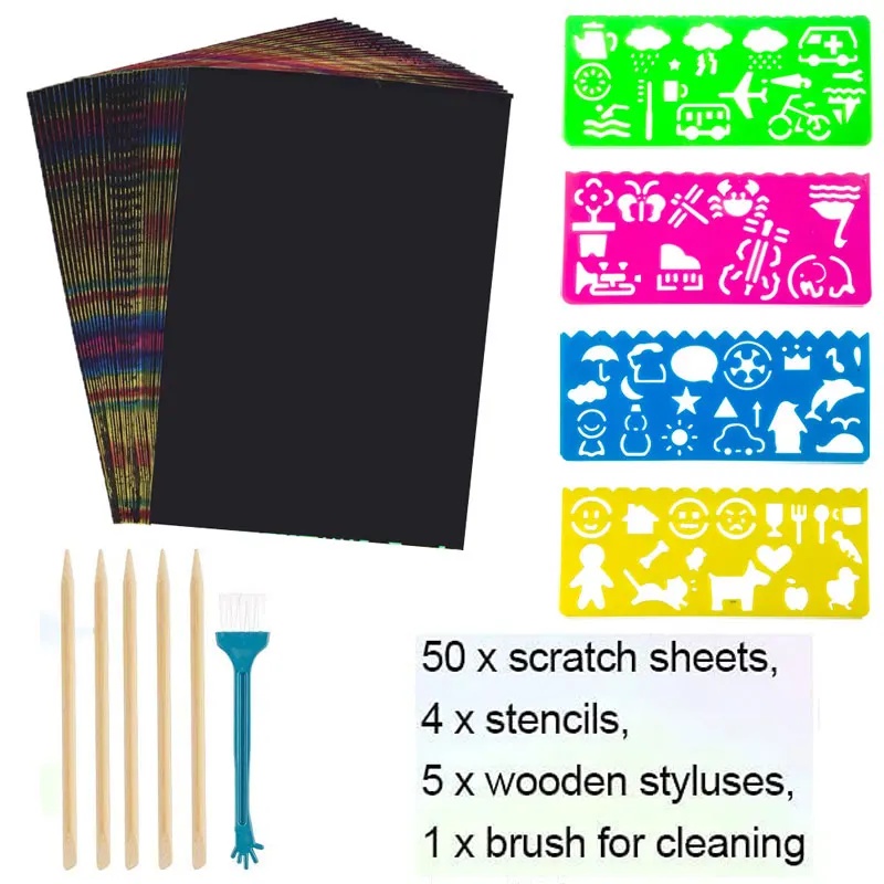 16/60Pcs Scratch Paper Kids Rainbow Magic Scratch Off Paper Sheets Art Craft Kit Black Note Paper Drawing Pads with Stencils