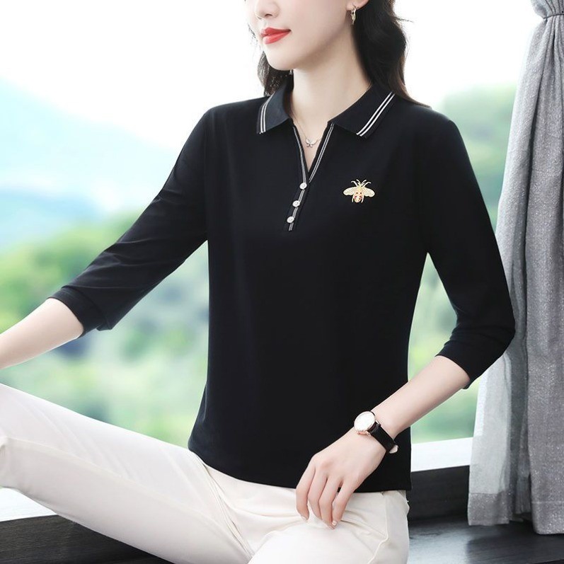 Áo sơ mi Polo cho áo thun Phụ nữ dài tay áo đơn giản mới mùa thu nữ áo thể thao trung niên cỡ lỡn