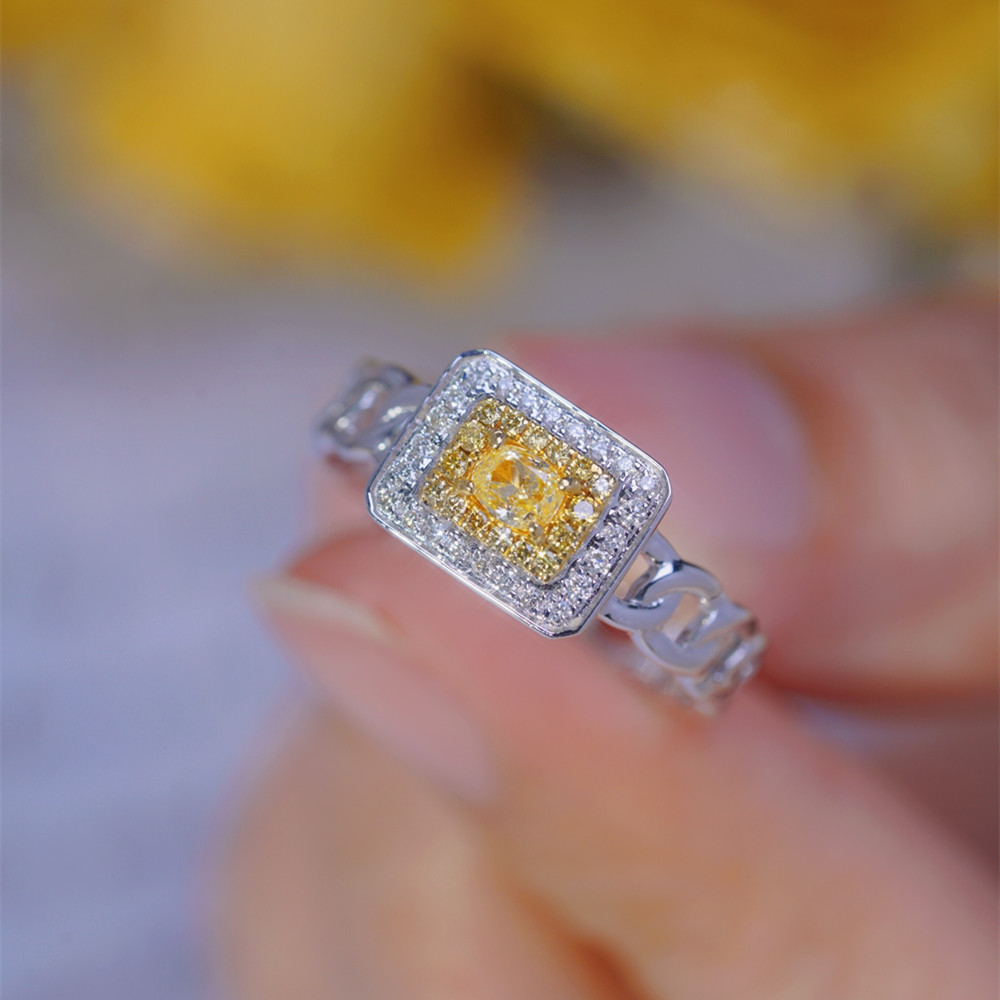UBESTNICE Real 18K Solid White Gold AU750 Jewelry Geometric Rectangle Natural Yellow Diamonds Link Chain Rings for Fashion Lady ราคา 28,980 บาท*ส่งฟรี