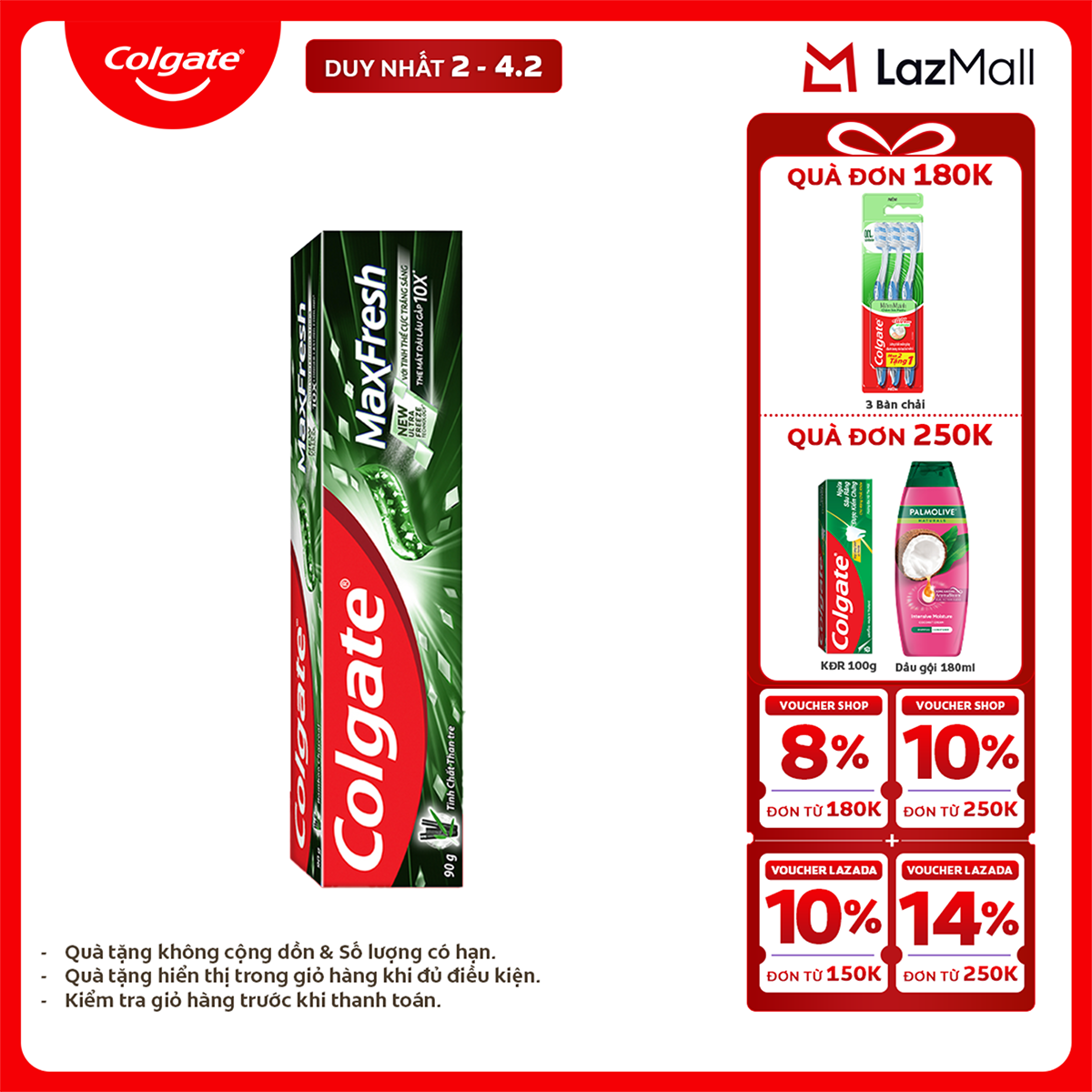 [Chỉ 2-4.2_X2 Voucher giảm 24%] Kem đánh răng Colgate Maxfresh Bamboo Charcoal the mát dài lâu với t