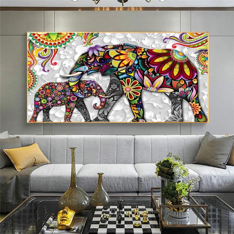 Nghệ thuật trừu tượng voi Tranh sơn dầu hình động vật sơn nhà tường phòng khách ảnh trang trí nội thất Quà Tặng 60x120cm (không có khung)