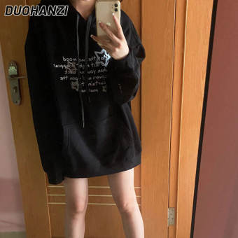 Duohanzi nữ áo nỉ có mũ mới mùa thu rộng áo nỉ có mũ áo nỉ có mũ trùm đầu in họa tiết