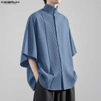Incerun Áo Sơ Mi Cho Nam Giới Tối Giản Baggy chắp vá xếp li 3/4 Tay Áo phong cách Hàn Quốc Top #0420