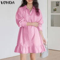 VONDA เสื้อสำนักงานผู้หญิงมีปกแขน3/4ลายทางชุดเดรสลำลองแต่งกระดุม (ลายดอกไม้เกาหลี) #F