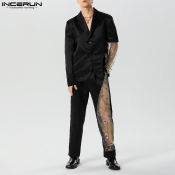 INCERUN Men's Floral Lace Lapel Blazer Suit Pants Set