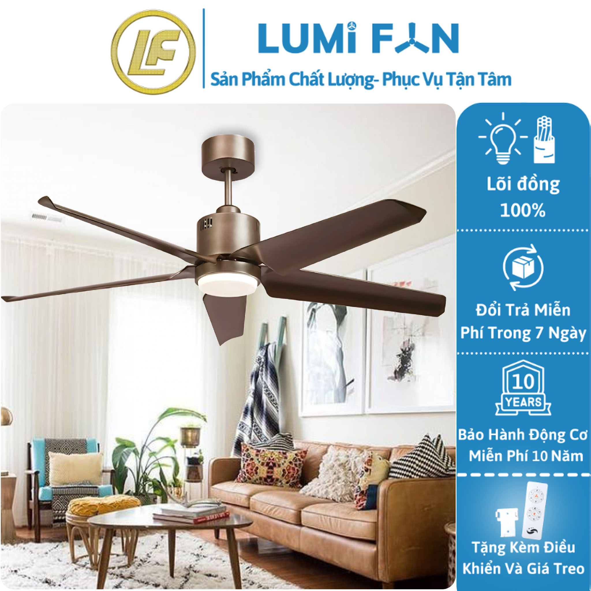 Quạt đèn trần trang trí lumifan, sải cánh 132cm, quạt trần đèn decor, quạt trần trang trí, bh 10 năm, mã 52zsm-1333 trắng