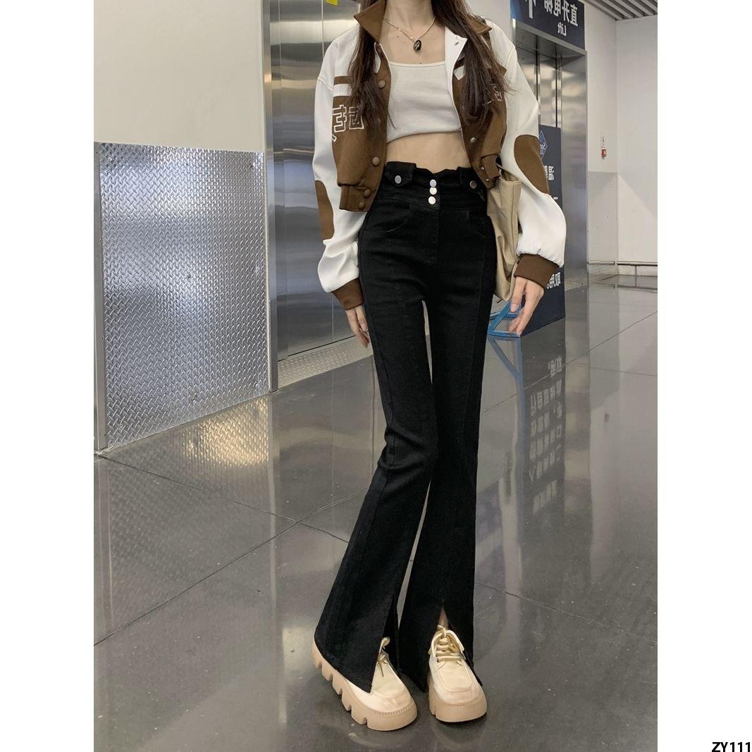 Quần Bò Hơi Gầy Xẻ Tà Màu Đen Mùa Xuân Thu Quần Dài Cạp Cao Cho Nữ Cạp Cao Co Giãn Tôn Dáng Size Lớn Cho Người Béo mm