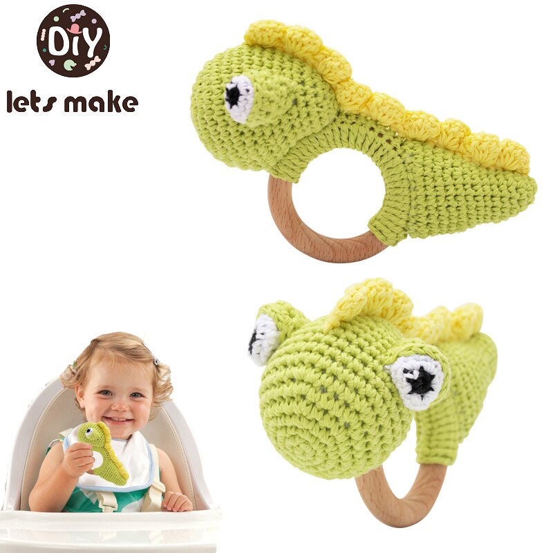 Let s Make 1PC Crochet Dinosaur Rattle Baby Handbell Wooden Teether Infant